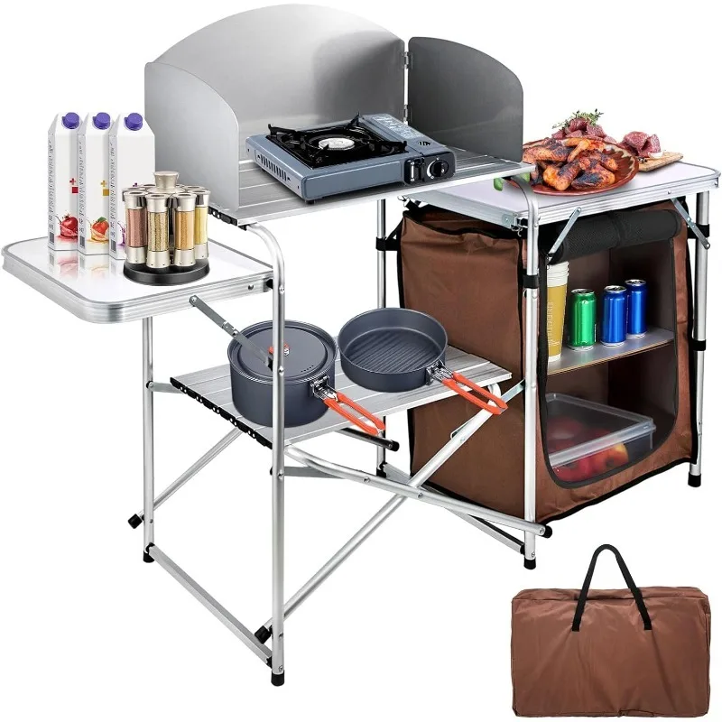 Camping Kitchen Table, Aluminum Portable Folding Camp Cook Station with Windscreen, Cupboard, Storage Organizer