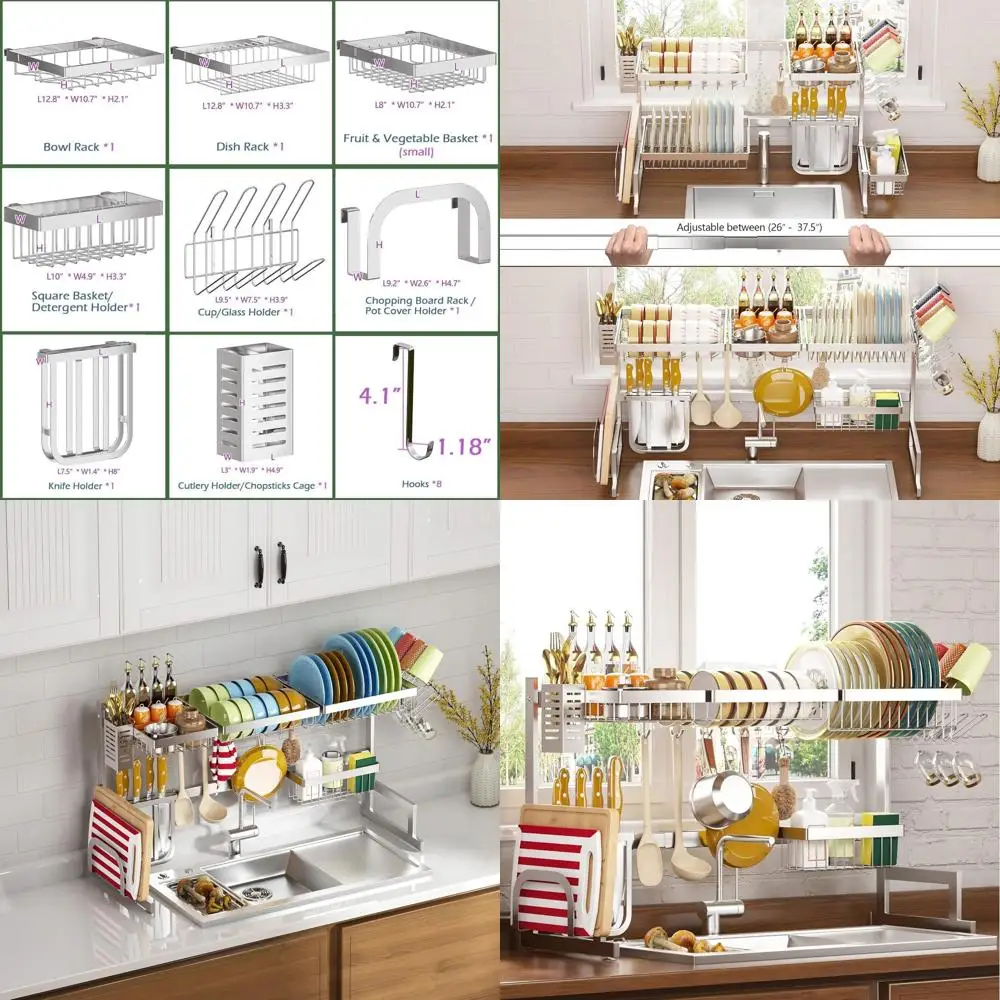 

Stainless Steel 2-Tier Dish Drying Rack, Adjustable Large Kitchen Sink Organizer, Silver, 26-38