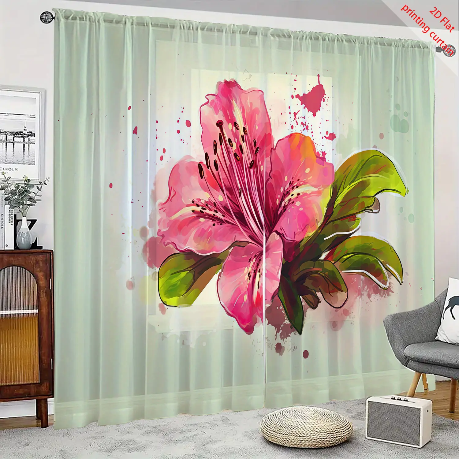 Green background printed transparent screen curtain, floral aesthetic window decoration, suitable for home, office, dormitory