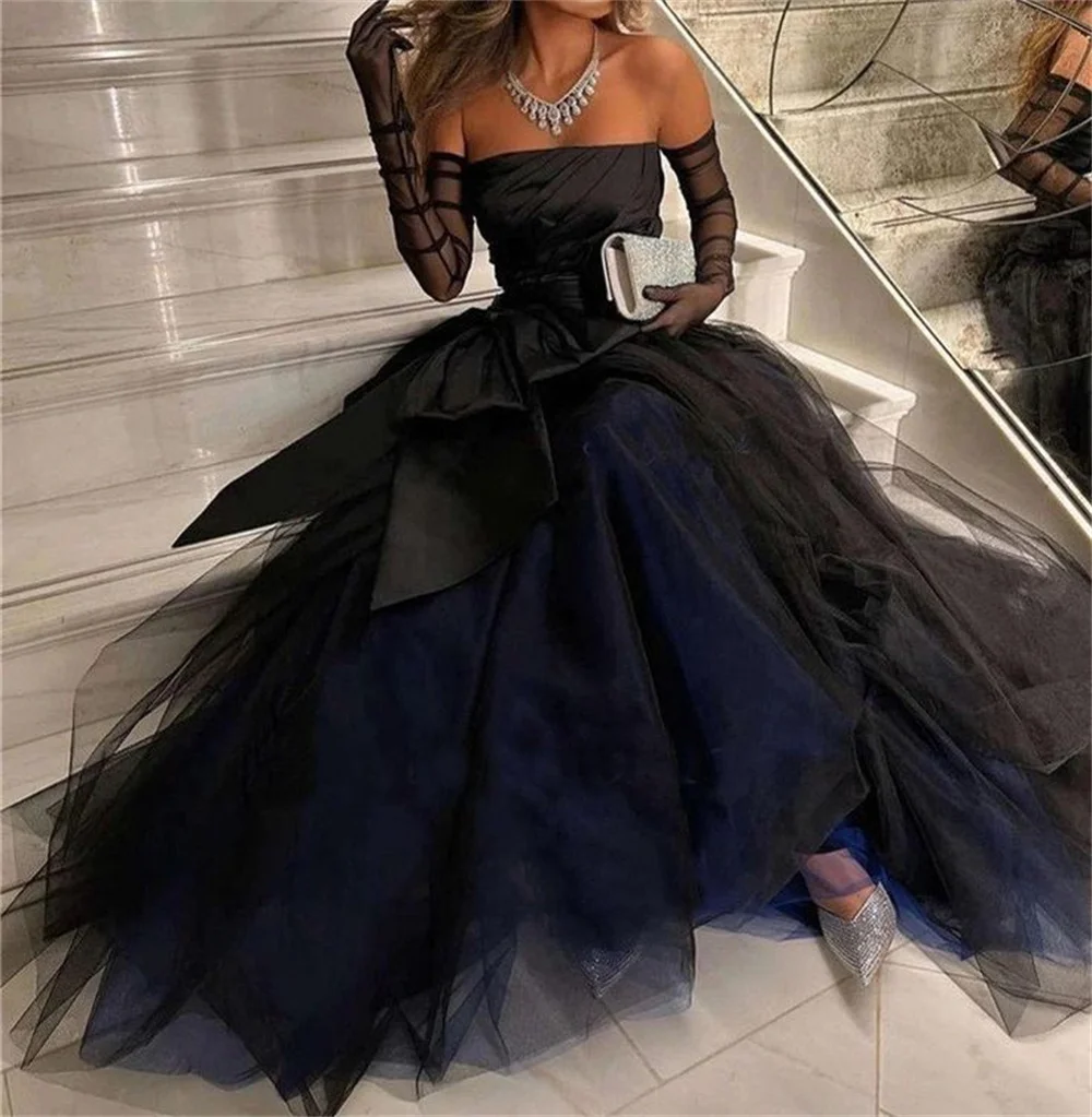 Amanda Sexy Strapless Puffy Prom Dress Blue-Black فساتين السهرة With Bow Elegant Tulle Puffy A-line Vestidos De Noche