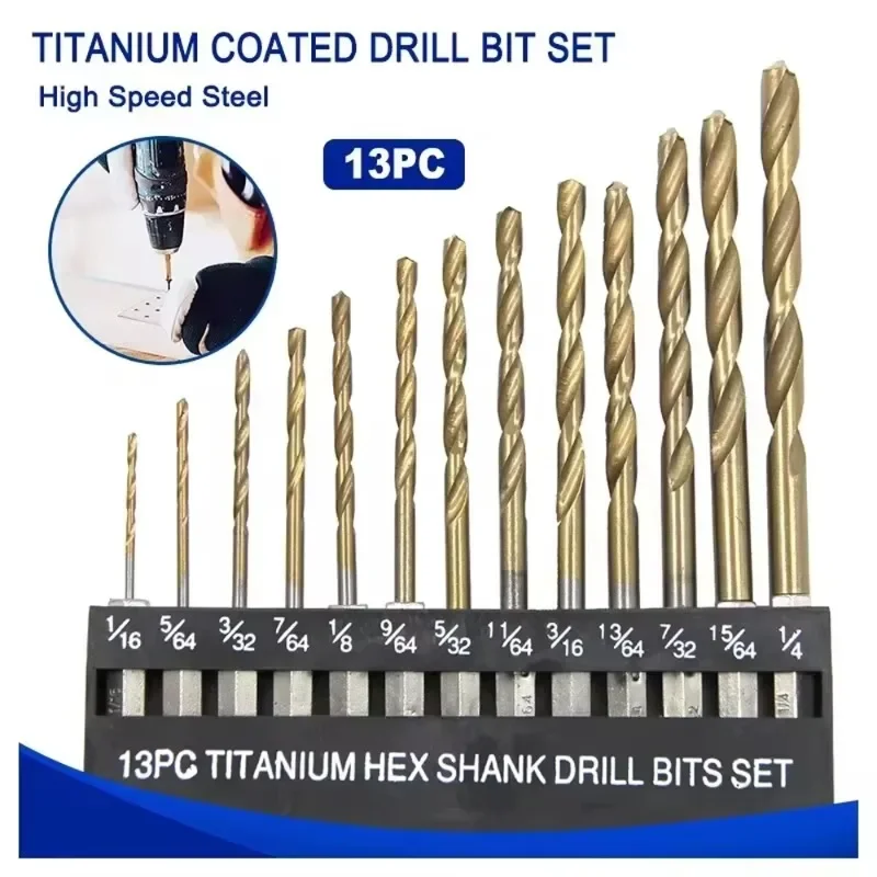 

New 13 Pcs British Hexagonal Shank Titanium-plated Twist Drills 1/16-1/4 Electric Drill Screwdriver Drilling Tool Parts Set