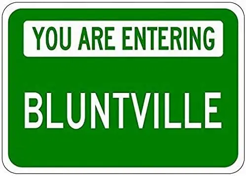 Sie betreten Bluntville – personalisiertes Blunt-Namensschild – neuartiges Metallschild aus Aluminium