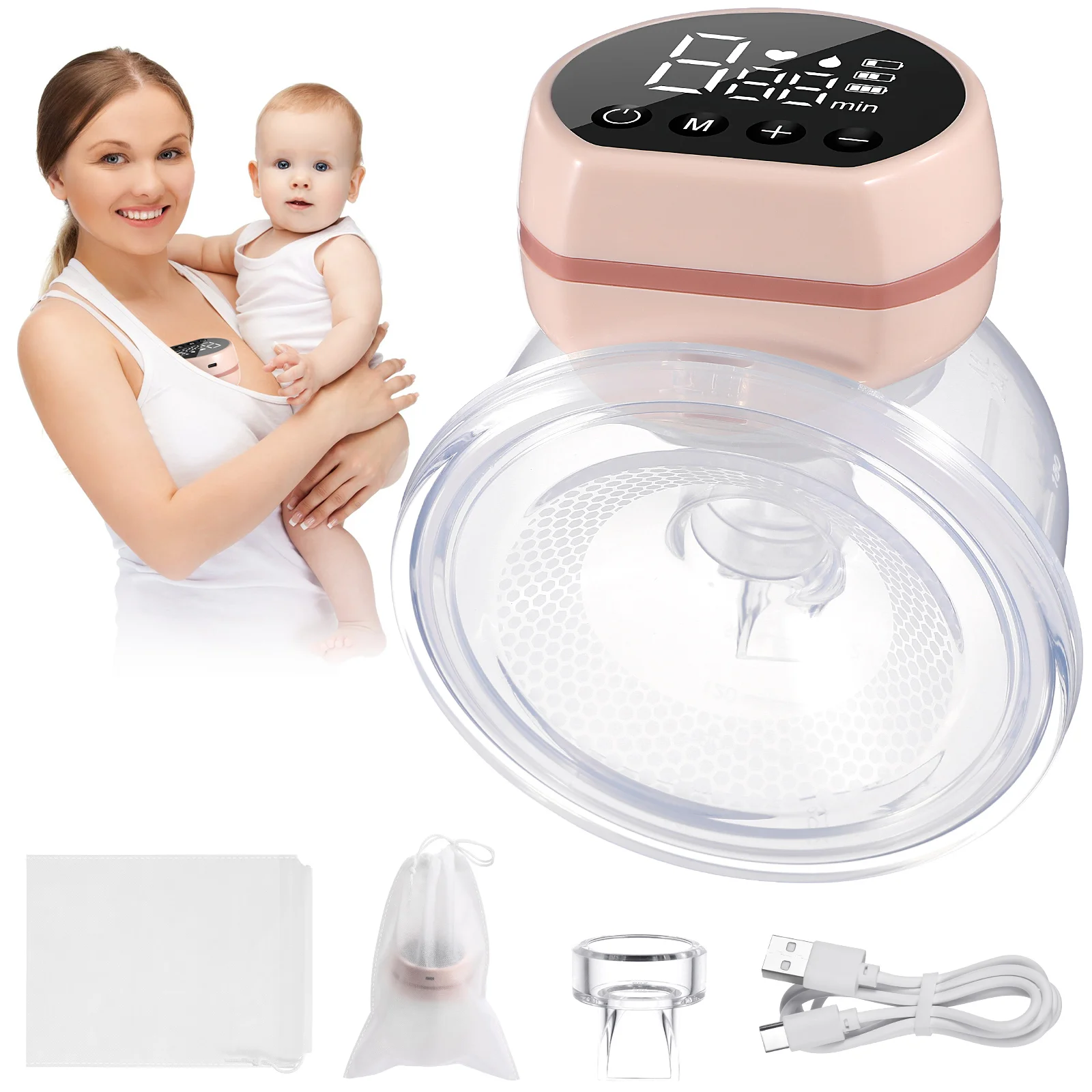 

Pink Electric Breast Pump Milk Silent Sucking Device Wearable Hands Free Small Pumps For Breastfeeding Silica Gel Baby