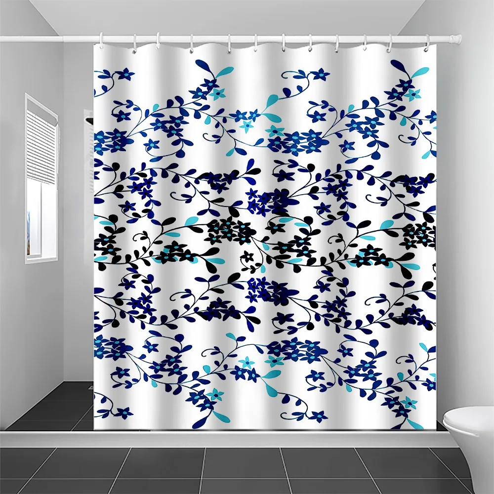 

Синие цветеющие растения, занавеска для душа, моющаяся, грязеотталкивающая насадка для душа, водонепроницаемая полиэстеровая занавеска для ванны для домашнего декора