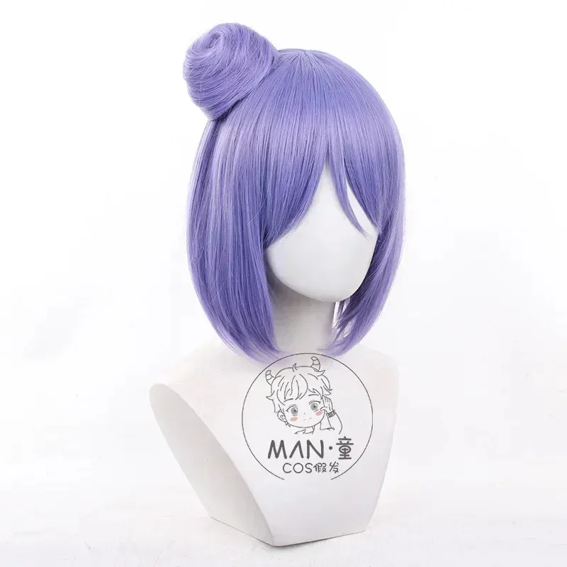Peluca de Cosplay de Anime Konan, pelo corto morado para mujer con moño, pelucas sintéticas resistentes al calor + gorro gratis