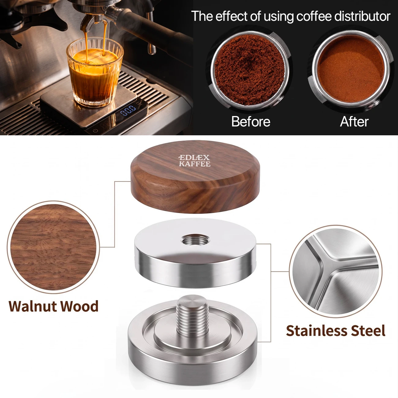 51/53/58mm Three Angled Slope Coffee Distributor Stainless Steel Adjustable Height Coffee Leveler Espresso Tamper