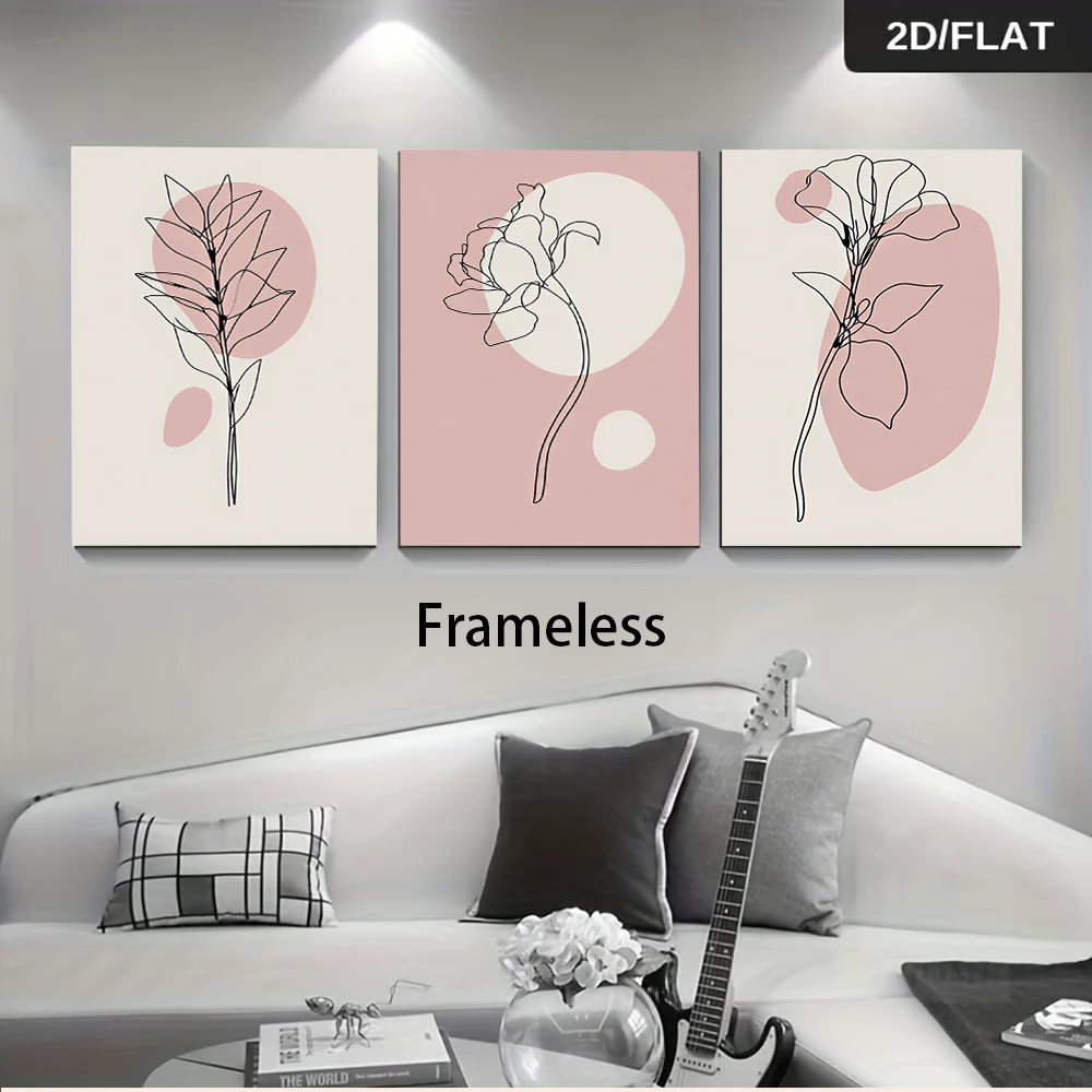 1 set of modern minimalist style three-panel frameless paintings, abstract line and floral living room wall art, 2D flat design.