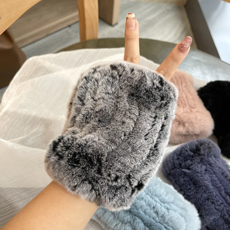 Real Rex Rabbit Fur Gloves Elastic Finger Gloves Winter Warm Knitted Gloves Women Genuine Fur Mittens Handmade Knit Fur Mitten