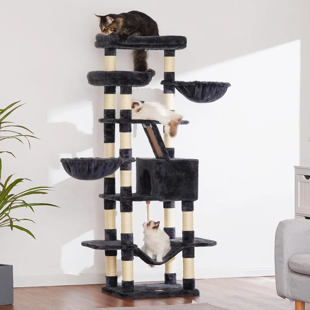 

Cat Tree, 68 inch Multi-Level Cat Tower for Indoor Cats, 2 Widened Plush Perches Cat Condo with Scratching Board and Big Caves