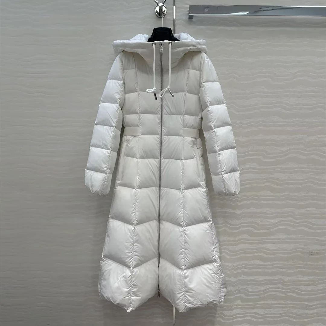 2025 موضة الشتاء الجديدة سميكة الأبيض أوزة أسفل ألف خط معطف طويل المرأة مقنعين كم طويل مبطن مربع نمط سليم سترة دافئة