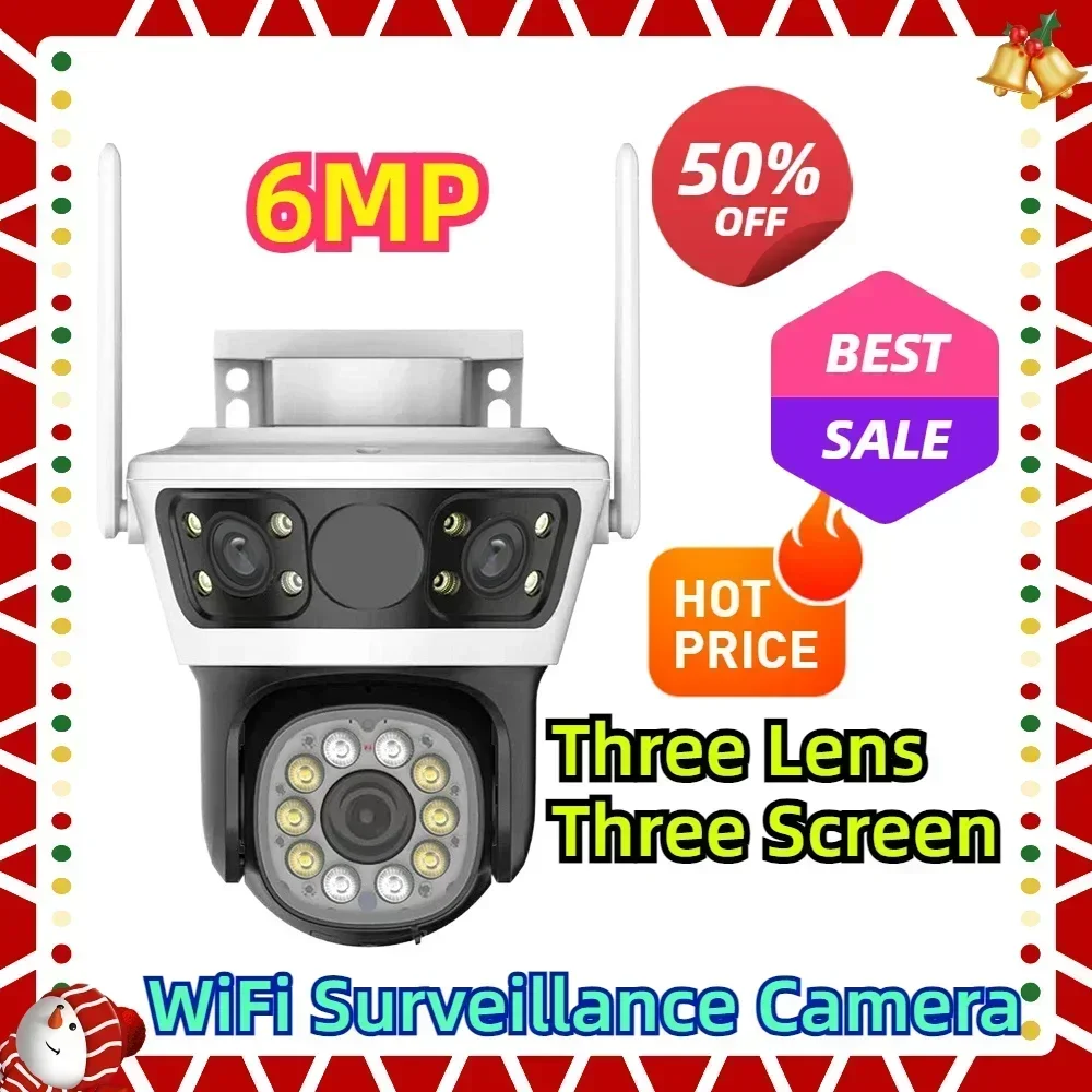 Caméra de surveillance extérieure PTZ WiFi, suivi automatique, caméras de sécurité CCTV, 3 lentilles, 6MP, 3 écrans