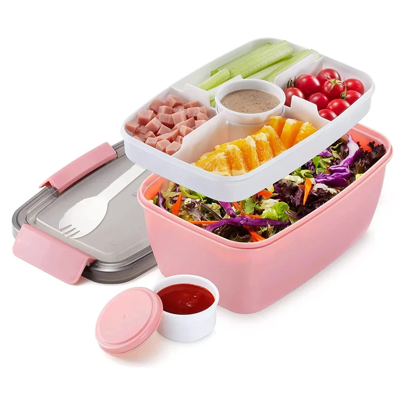 Adult Lunch Box, 2000 Ml, Lunch Box with Compartments, 2-Tier Salad Box to Go, Large, Sustainable, Leak-Proof Pink