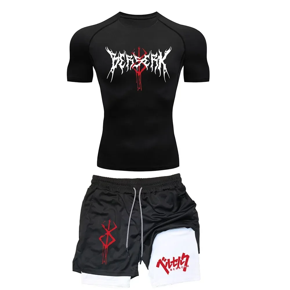 Conjunto de compresión Berserk Anime para hombre, camisetas de entrenamiento para gimnasio, pantalones cortos transpirables para correr, secado