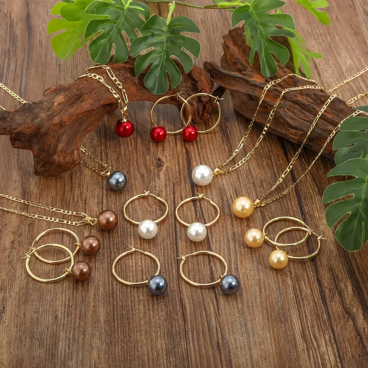 Minimalist Hawaiian Colorful Tahitian Pearl Earring Necklace Jewelry Set with Figaro Chain Chritmas Gift Handmade Jewellery