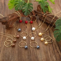 Minimalist Hawaiian Colorful Tahitian Pearl Earring Necklace Jewelry Set with Figaro Chain Chritmas Gift Handmade Jewellery