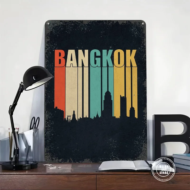 Bangkok Skyline Retro Metal Poster Customized Wall Art Retro Vintage Tinplate Signs for Decoration At Home Decorations Man Cave