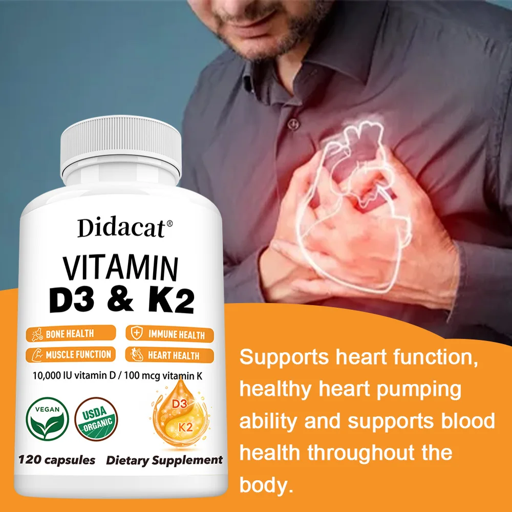 مكمل فيتامين د3 و ك2 - دعم المناعة، صحة العظام والقلب، فيتامين د 10,000 وحدة دولية مع MK-7 (فيتامين ك2)، 120 كبسولة