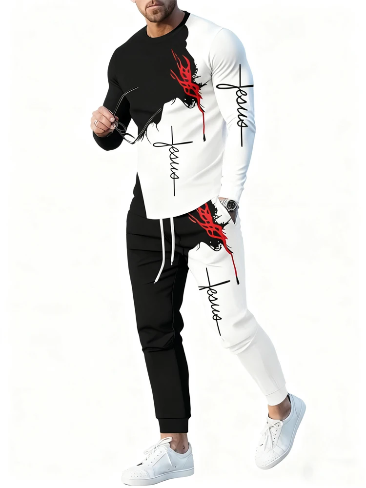 

New Men's Spring And Autumn 2-piece 3D Gothic Script Print Sets Men's Everyday Casual Long Sleeve T-shirt And Street Fashion Lon