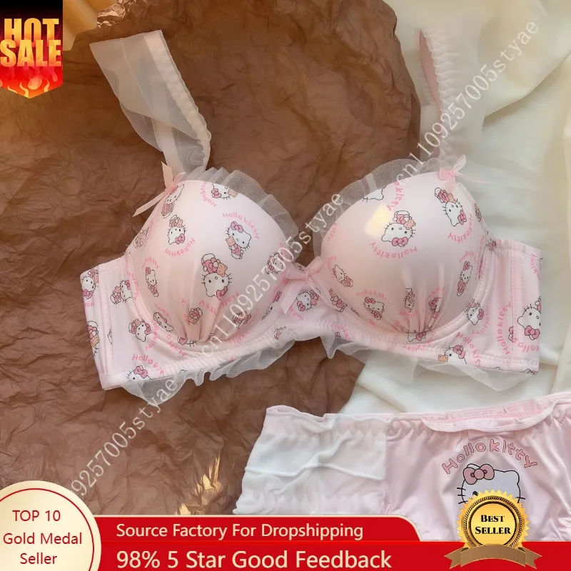

Оптовая продажа: Новый комплект нижнего белья Sanrio Hello Kitty для девочек – милый японский бюстгальтер с бантом и кружевом, без косточек, для небольшой груди, с эффектом пуш-ап.