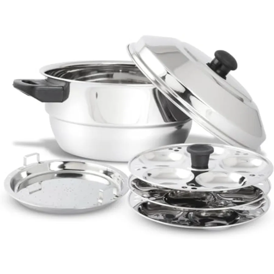 Stainless Steel 5 Pcs Idli Maker Gas and Induction Friendly Multi-Utility Kadai Cookware with Stainless Steel lid 3 idli Plates