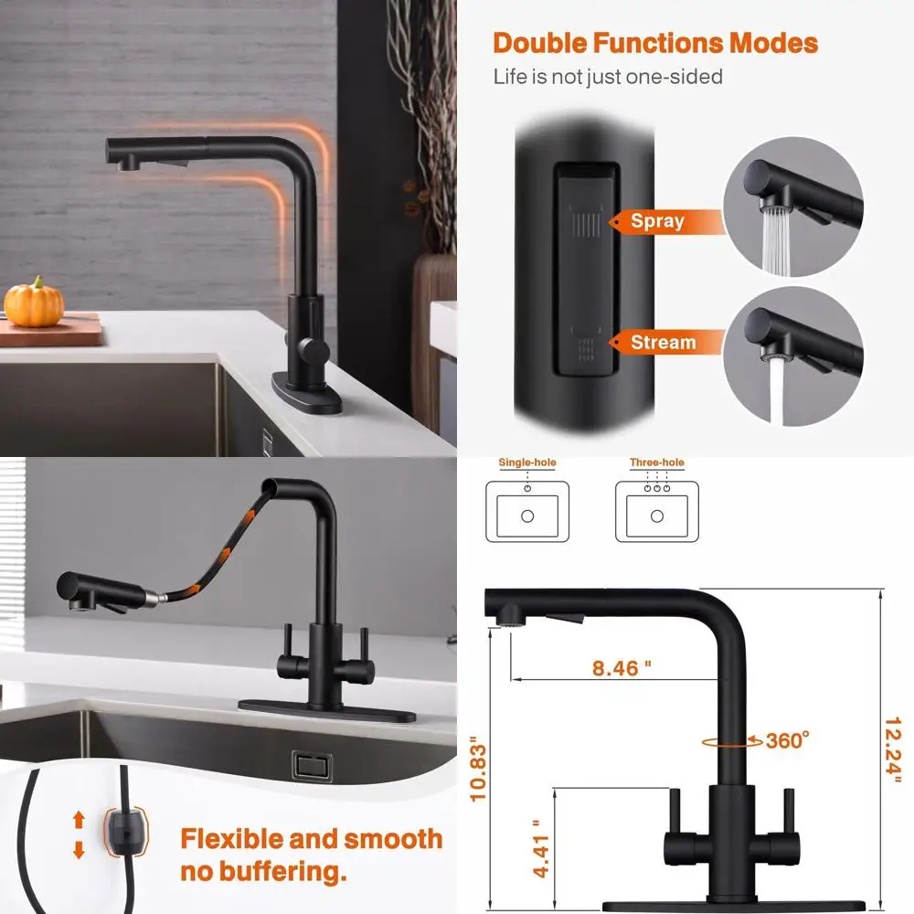 

Modern Dual-Handle Pull-Down Kitchen Faucet with L-Shape and Matte Black Finish, Stainless Steel Model RB1071