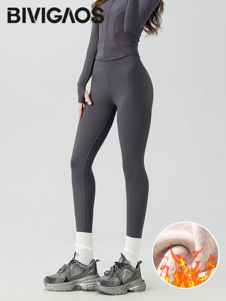 BIVIGAOS Autumn Winter Snowflake Velvet Warm Sharkskin Leggings Women Thick Tight Fitting Grid Fleece Slim Casual Sport Leggings