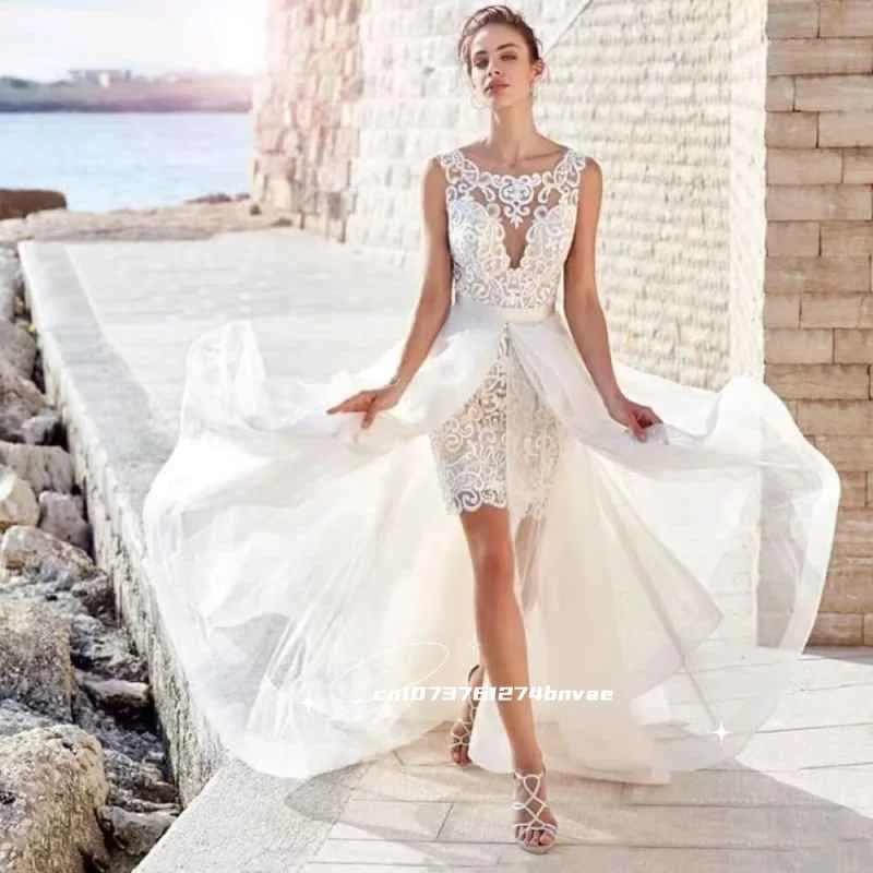 レースショートビーチウェディングドレス取り外し可能なスカートイリュージョンバックレスボヘミアンブライダルドレスOネックノースリーブカスタマイズ