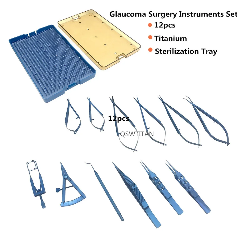 Glaucoma Instruments Set with Sterilization Tray Double Eyelid Set Ophthalmic Needle Holder Scissors 12pcs