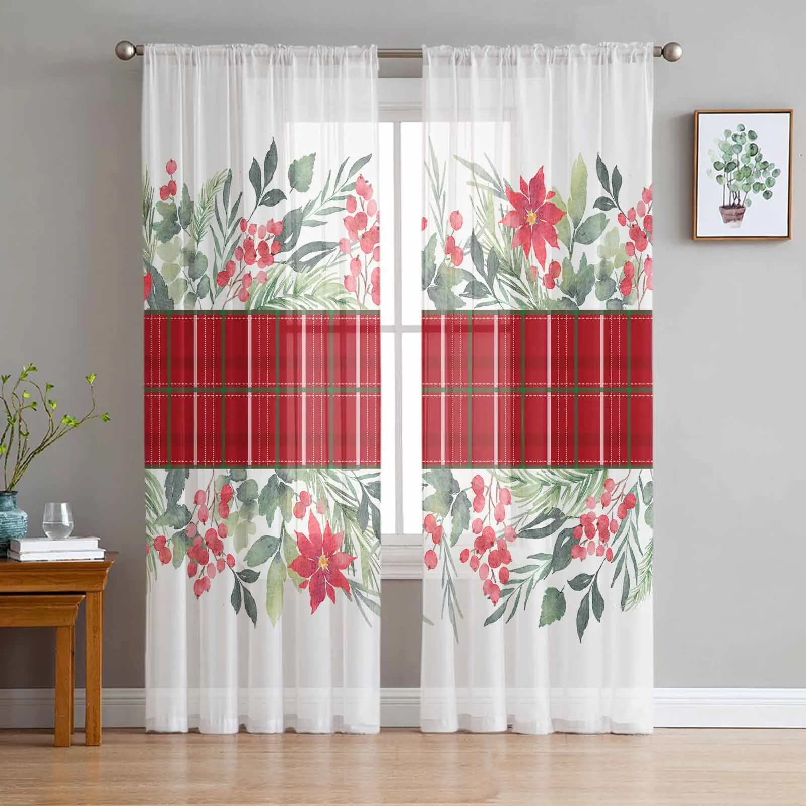 Christmas Plants Leaves Berries Flowers Window Treatment Tulle Modern Sheer Curtains for Kitchen Living Room Curtains Decor