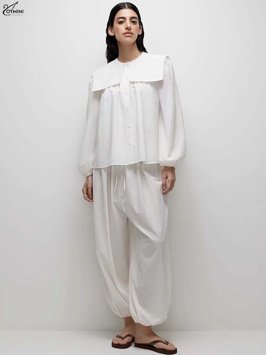 

Oymimi Fashion White Cotton 2 Piece Sets Woman Outfit Elegant Sailor Collar Long Sleeve Button Shirts And Drawstring Pants Sets