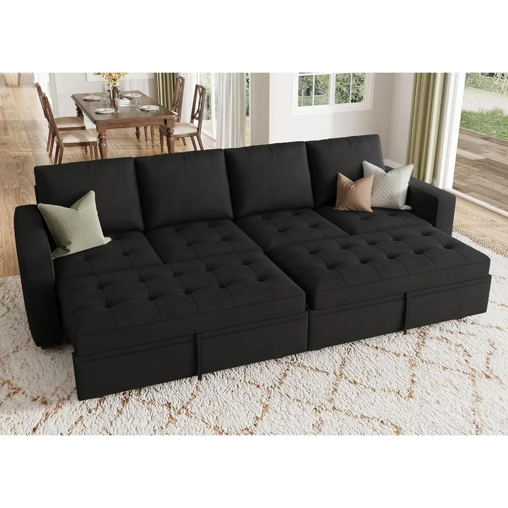 

Modular Sectional Sleeper Sofa with Pull Out Bed, Linen Convertible Sectional Couches for Living Room, Black
