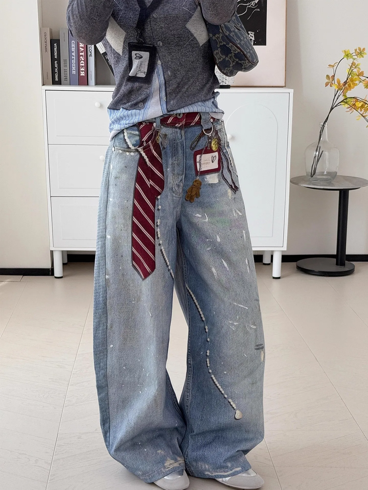 Retro American Washed Blade 3D Printed Casual Jeans Women's Badge Loose Wide Leg Casual Pants Vintage Effect Natural Waist