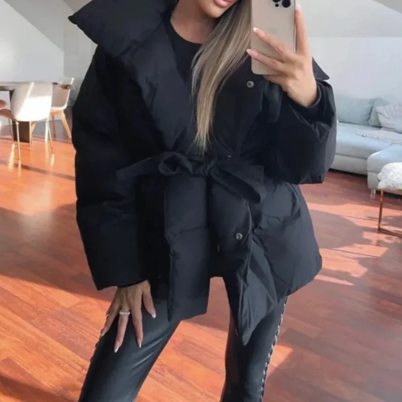 Women Solid Lace Up Cotton Coat Fashion Lapel Long Sleeve Warm Pocket Loose Short Coats New Lady Winter Commute Street Outwears