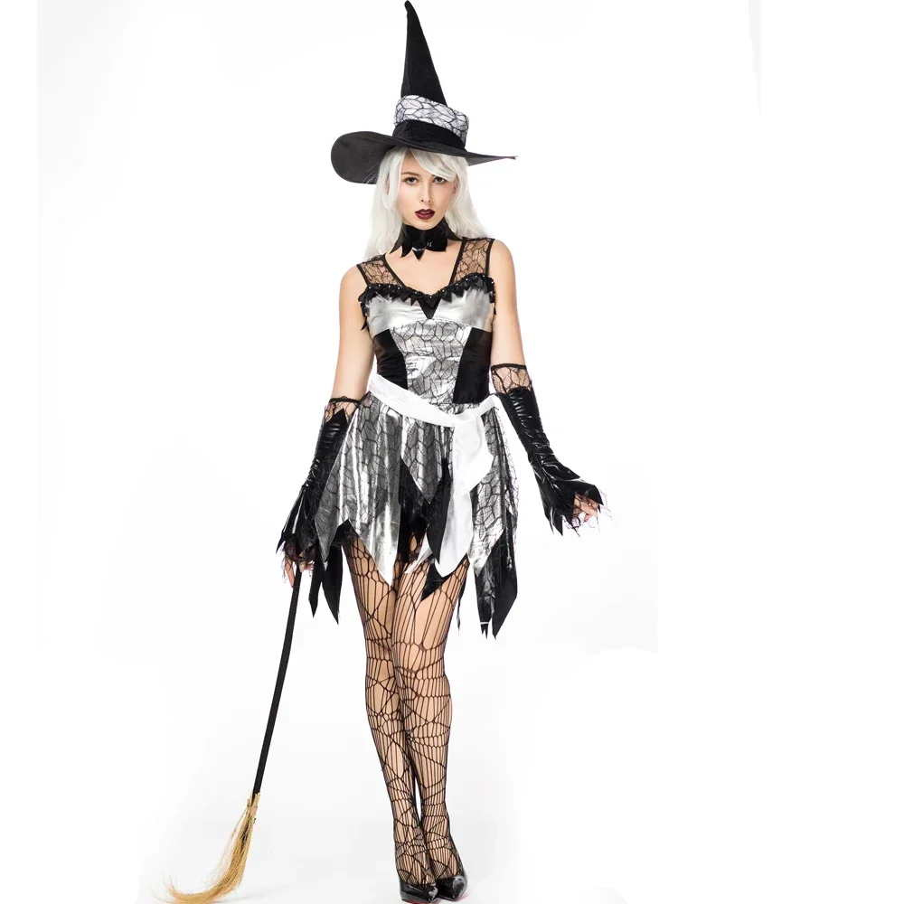 Black & White Halloween Adult Women Glam Witch Costume Female Lace Dress Wickedly Witchy Babe Costumes Sorceress Outfits