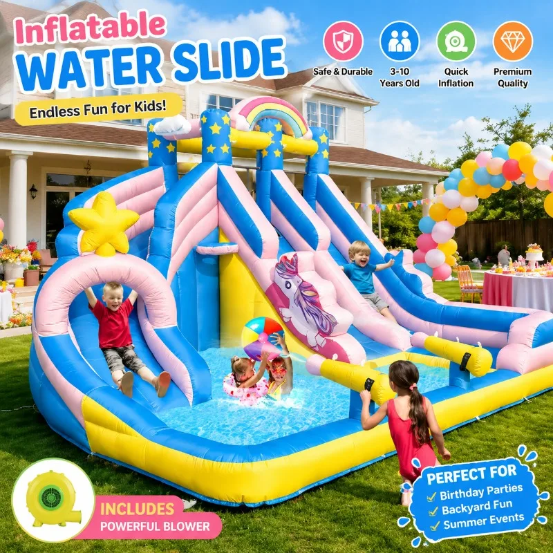 Kids Wet‑Dry Inflatable Bounce House Water Slide, Oxford Fabric Backyard Playground with Sprinkler Splash Pool for Outdoor Fun