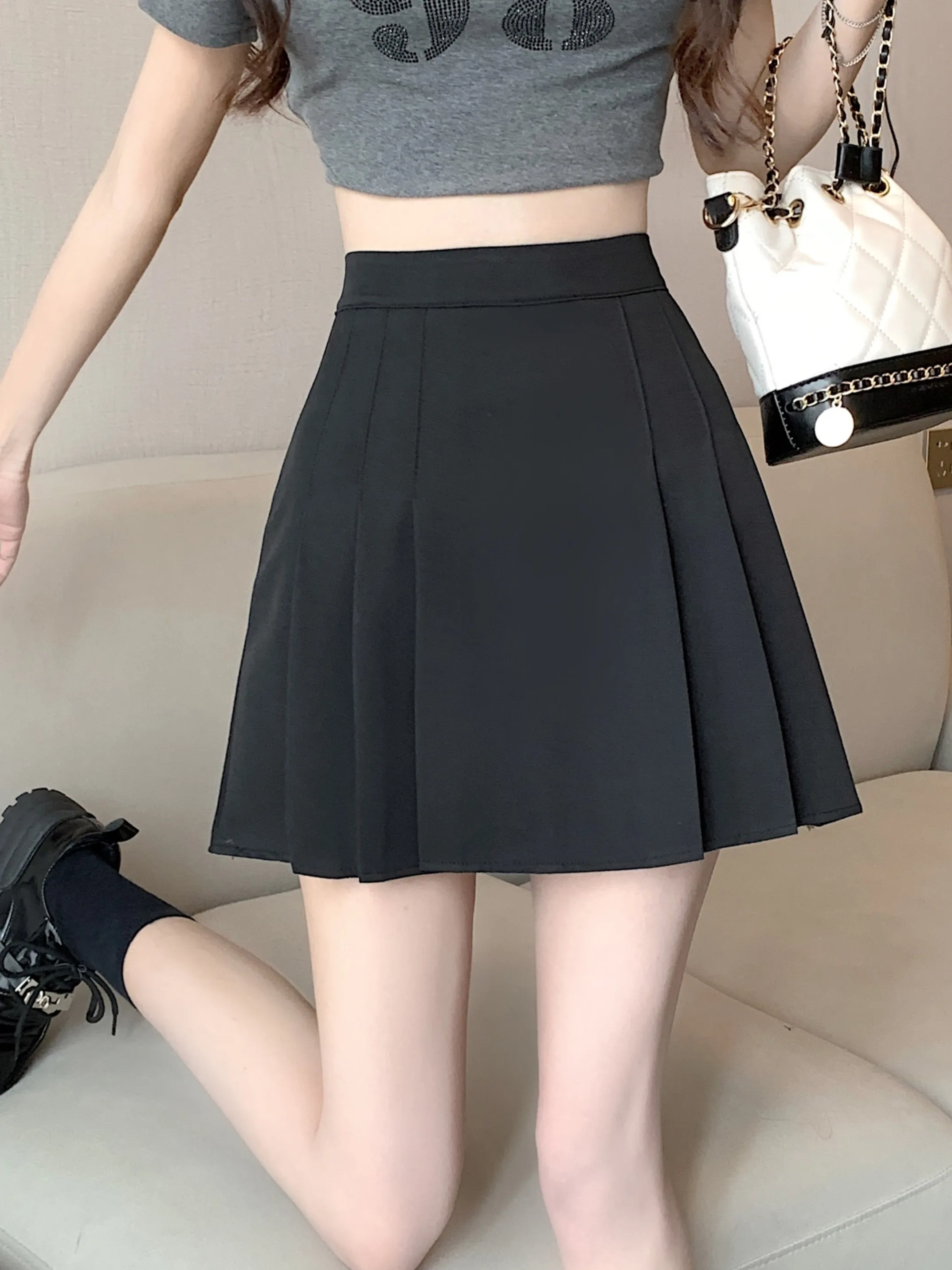 

Корейская женская юбка в стиле милитари, однотонная, с высокой талией, плиссированная, А-силуэт, для повседневной носки и офиса