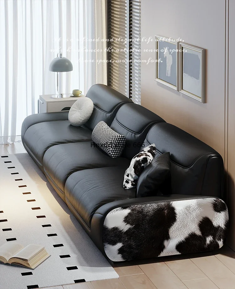 Modernes einfaches Wohnzimmer gerade Reihe großes schwarzes Rindsleder sofa