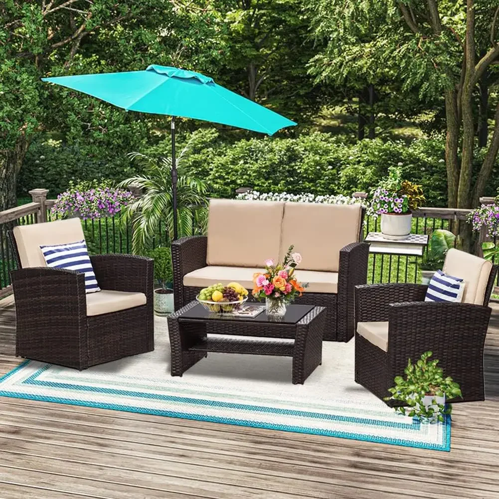 4 Piece Outdoor Patio Furniture Sets,Wicker Rattan Conversation Sofa Set with Table & Chair for Backyard Balcony Garden Poolside