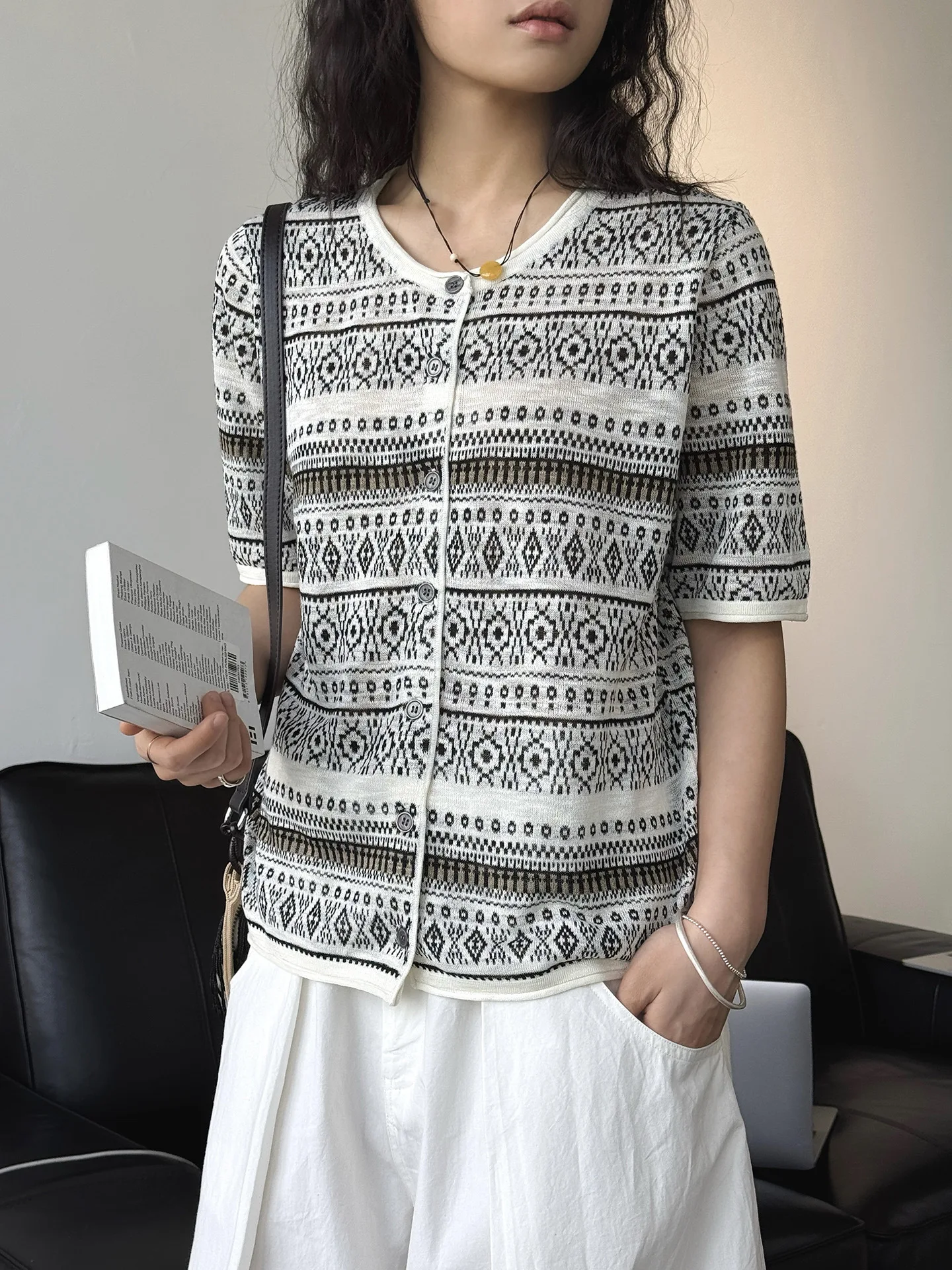 

Bohemian Geometry Knitted Shirt Short Sleeve Light Weight Cardigan Summer Nordic Style