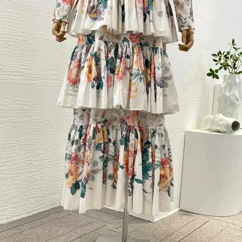 فستان صيفي نسائي أنيق متعدد الألوان مطبوع عليه زهور وأكمام طويلة وكشكشة متتالية ورقبة على شكل V فساتين ماكسي عالية الجودة