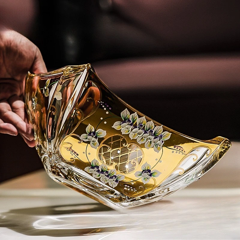 European luxury hand-painted gold enamel, fruit bucket home high-end crystal glass fruit plate