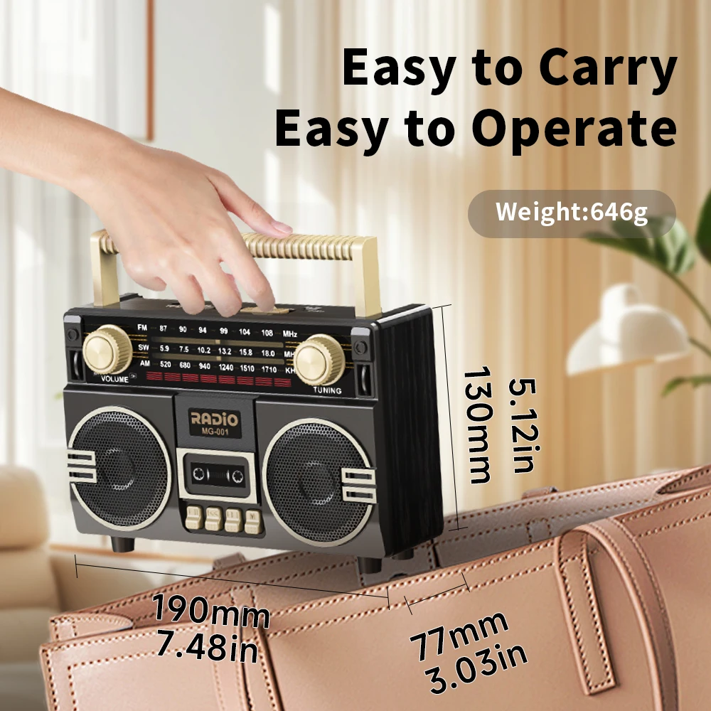 Vintage Portable Radio, AM/FM/SW Multifunctional Radio，USB Charging, TF Card & AUX Playback, for Home, Outdoor and Emergency Use