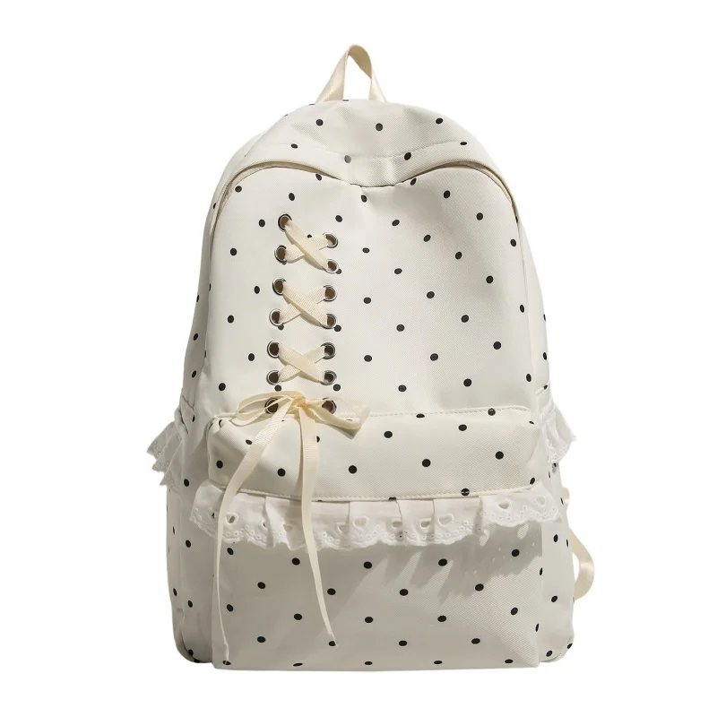 Kawaii Polka Dot Aesthetic Preppy Backpack with Bow and Ruffed Lace Travel Rucksack Coquette School Bag for Teen Girls Women