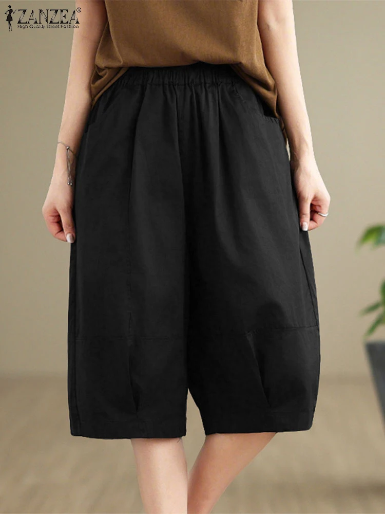 

ZANZEA Casual Loose Bottoms Wide Leg Shorts Women 2025 Summer Elastic Waist Fashion Pockets Half Trousers Oversized S-3XL
