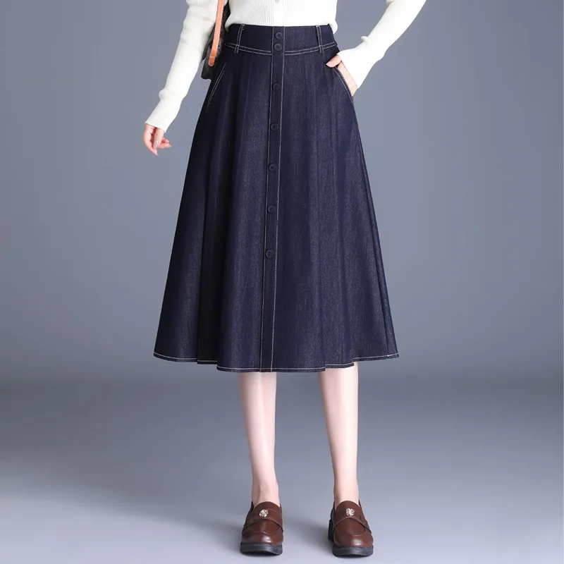 

ZUZK Denim A Line Casual Skirt Women's Pleated Skirt Spring New Temperament Commuter Slimming Big Swing MIDI Skirt Saia Midi