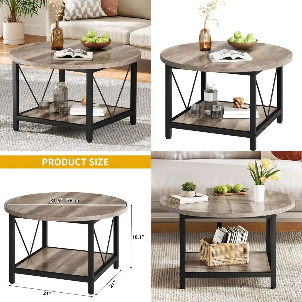 

Compact 2-Tier Round Coffee Table with Storage Shelf for Living Room, Rustic Wooden Design