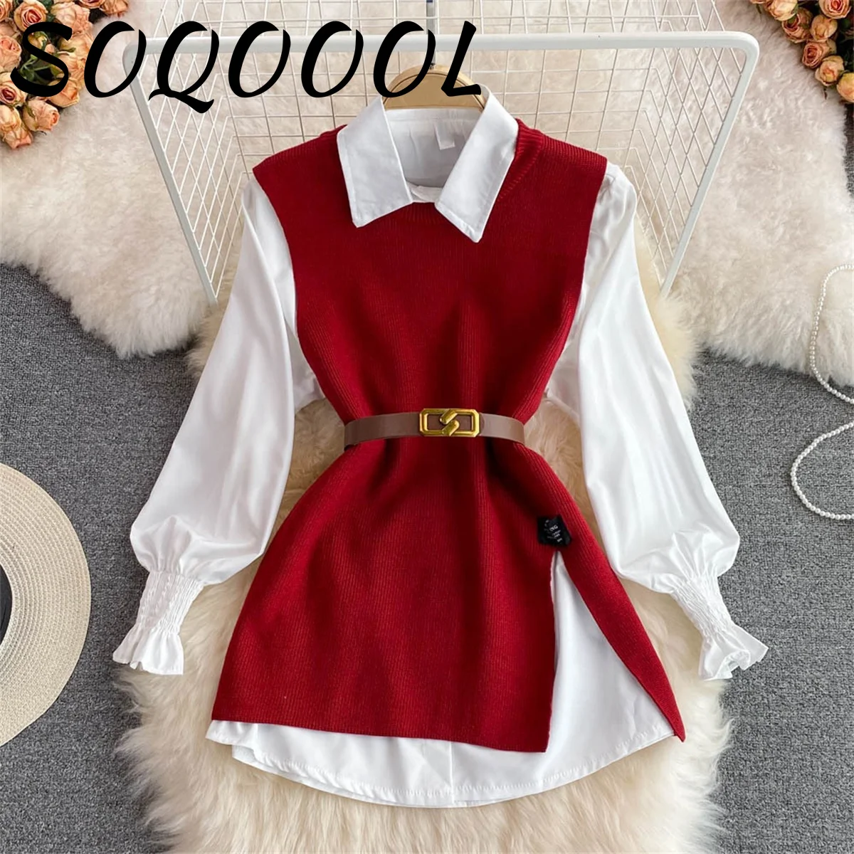 New Autumn Fashion Korean Office Lady Lapel Lantern Sleeves White Shirt +V-neck Knitted Vest Casual Two-piece Set Clothes Women