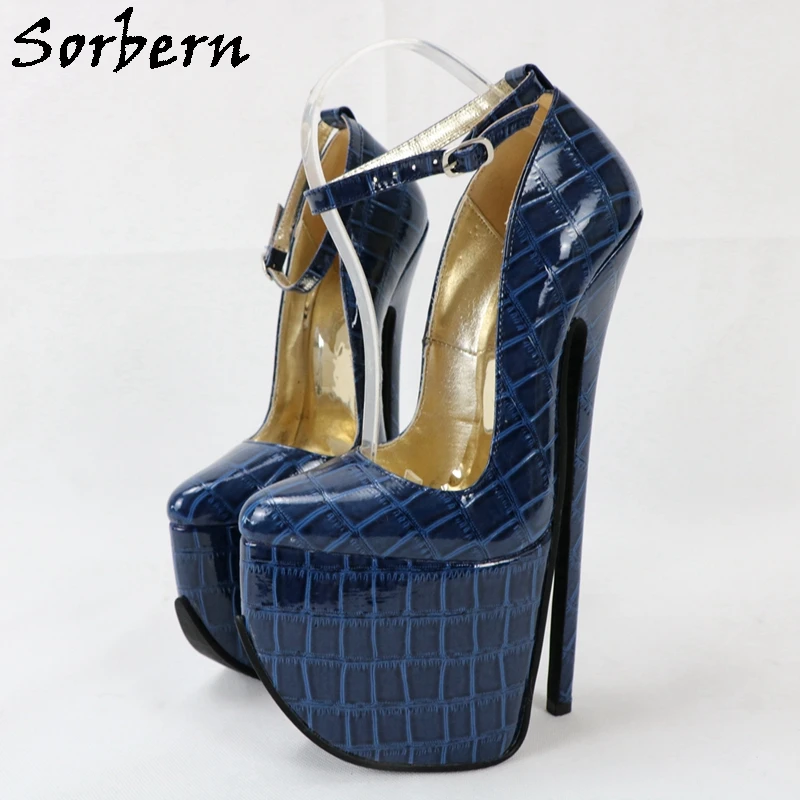 Sorbern Navy Blue Crocodile Women Shoes Fetish High Heel 24Cm Pointed Toe Platform Shoe Sissy Boy Unisex Heeled Ankle Strap