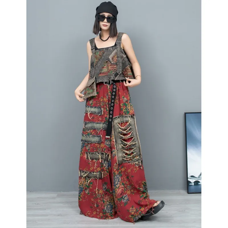 

2024 Spring Summer New Two Piece Set Printed Denim Suspender Vest + Wide Leg Pants Women Personalized Fashion Pant Set LX693