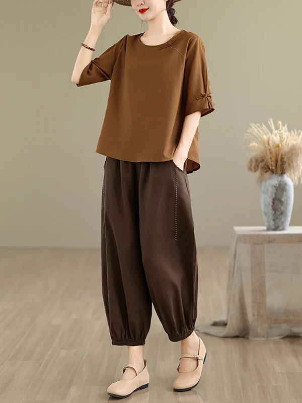 Baumwolle Leinen Set Frauen Sommer Ethnische Sle Lose Top Leinen Mama Outfit Zwei Stücke Set Faionable Casual runde Ne Top